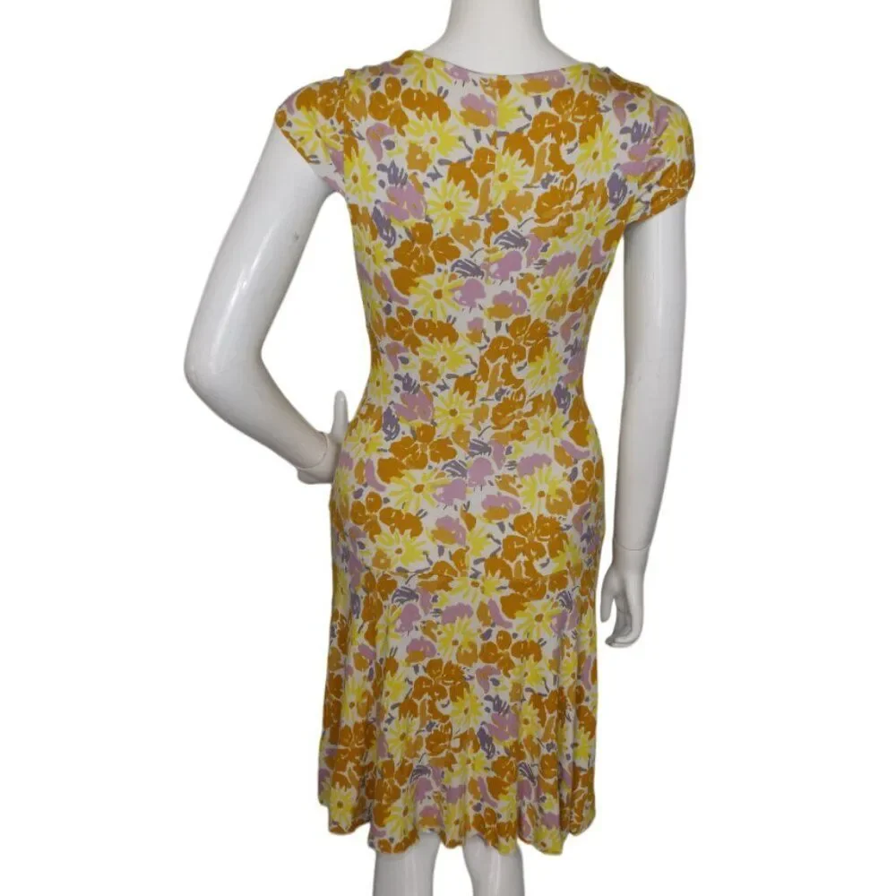 FREE PEOPLE Dress, M, Soft Ribbed, Plunging V,  Yellow/Purple Floral, Cap sleeve - Picture 5 of 14